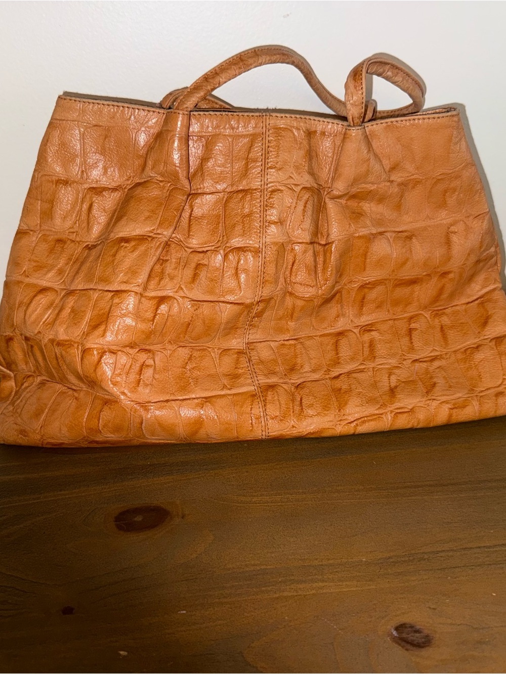 Pulicati Croc-Embossed Tote in Tan Leather